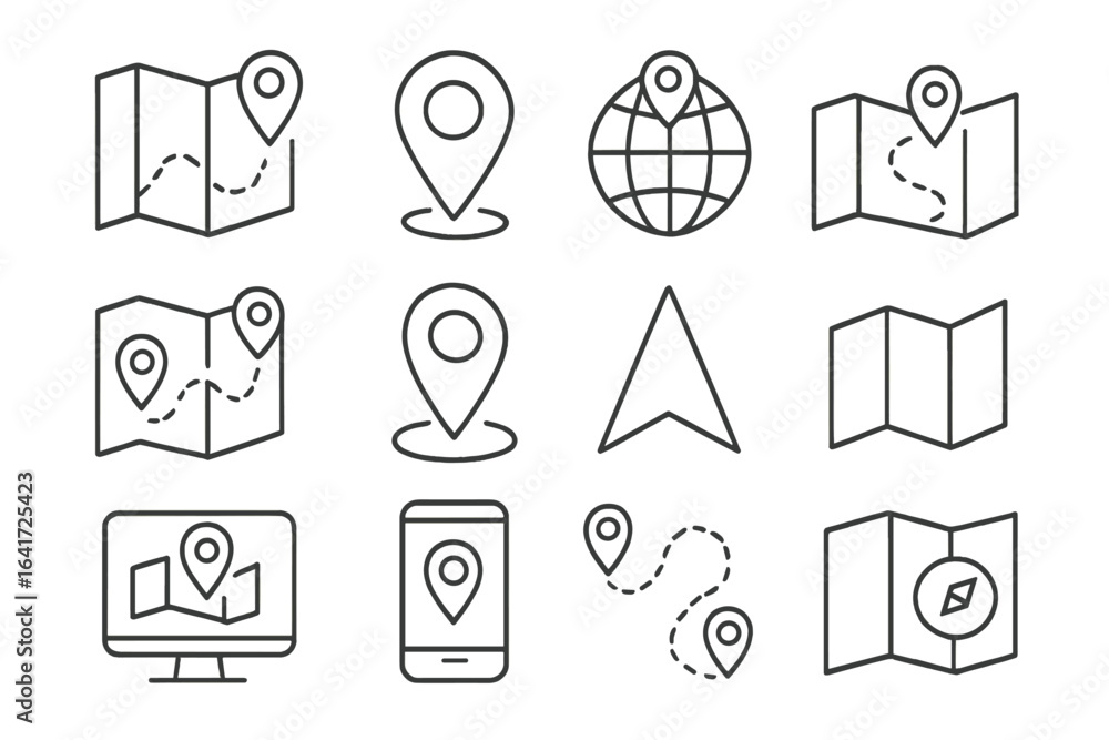 Aufkleber map location and navigation thin line icon collection with various map pins, routes, globe, compass,