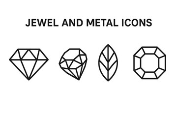 Jewel and metal icons. Outline icon set of precious jewels and gems. Diamond, ruby, emerald leaf-cut, and sapphire vector illustrations. Minimalist line art design.