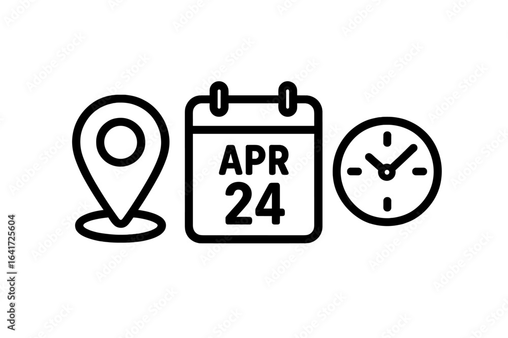 Poster location pin map marker with calendar date april 24 and clock time reminder vector illustration on t