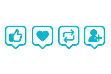 Set of 4 social network notification icons including thumbs up, heart symbol, repost, new follower, modern vector design for social media engagement and interaction