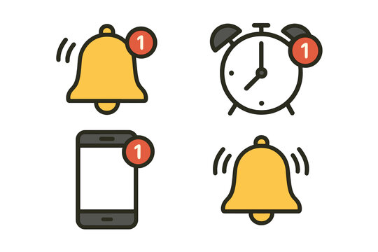 Notification alert icons set. Ringing bell, smartphone reminder, alarm clock with message badge, vector illustration. Mobile notification, reminder, alert symbol. Transparent background