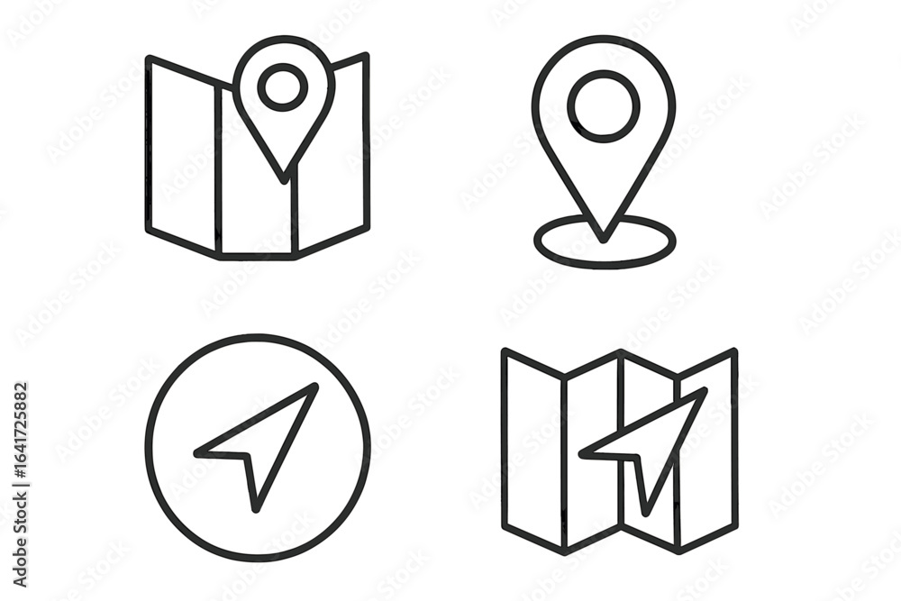 Aufkleber navigation and location icon set, vector line style, map markers, gps pins, direction arrows, transp