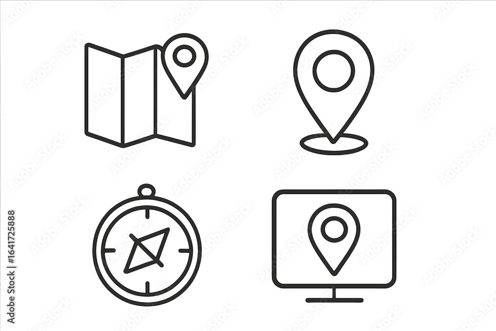 Aufkleber navigation and location icon set, gps, compass, map marker, digital positioning, line style vector i