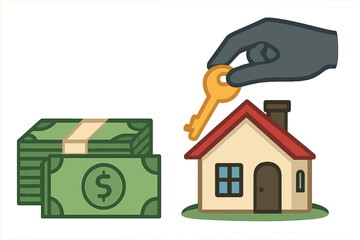 Money and house key, home buying and sale concept, real estate transaction, purchase and investment, property deal vector illustration on transparent background