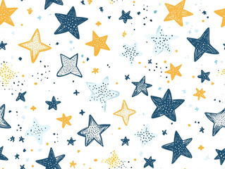 A hand-drawn seamless pattern of stars and dots in black, white, and yellow on a white background, giving a playful and childlike feel.