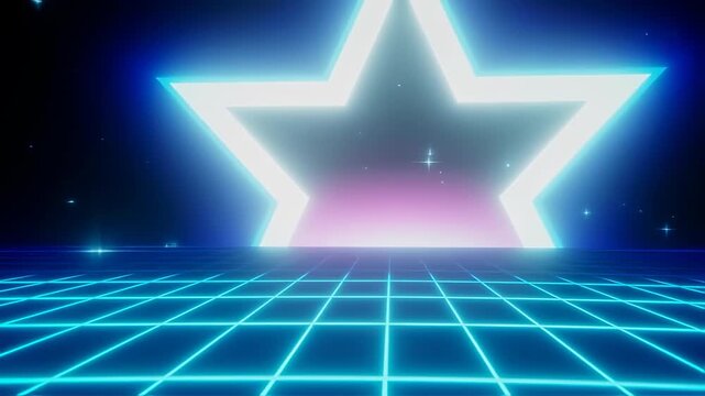 Retro glowing star on neon grid background