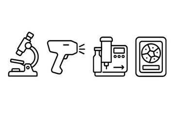 Lab equipment outline icon set. Sample analysis vector graphics. Science research tools like microscope, XRF analyzer, mass spectrometer, and thin section for geology.