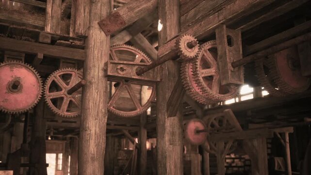 Worn wooden beams and rusty gears fill the interior of a vintage workshop. Sunlight filters through the windows, casting shadows on the intricate machinery and aged materials.