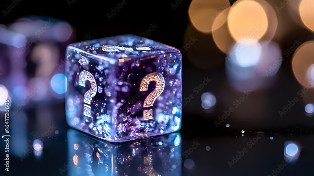 Poster glowing crystal dice with question mark symbols on dark background with bokeh lights, mystery and de