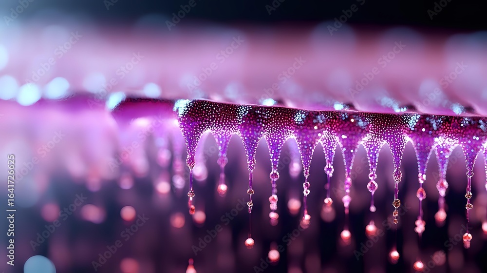 Poster glowing water drops on pink surface create magical bokeh effect with crystalline formations and ligh