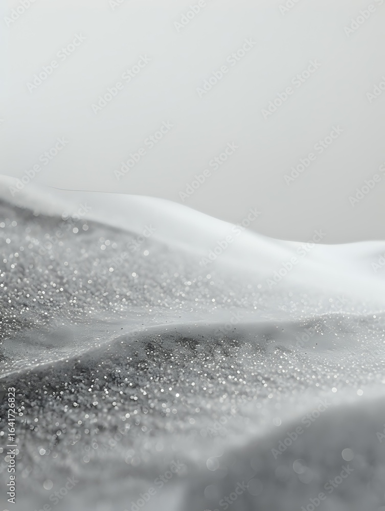 Poster Ethereal monochrome waves of glittering particles create abstract flowing landscape with soft bokeh effect and gentle curves in grayscale tones.