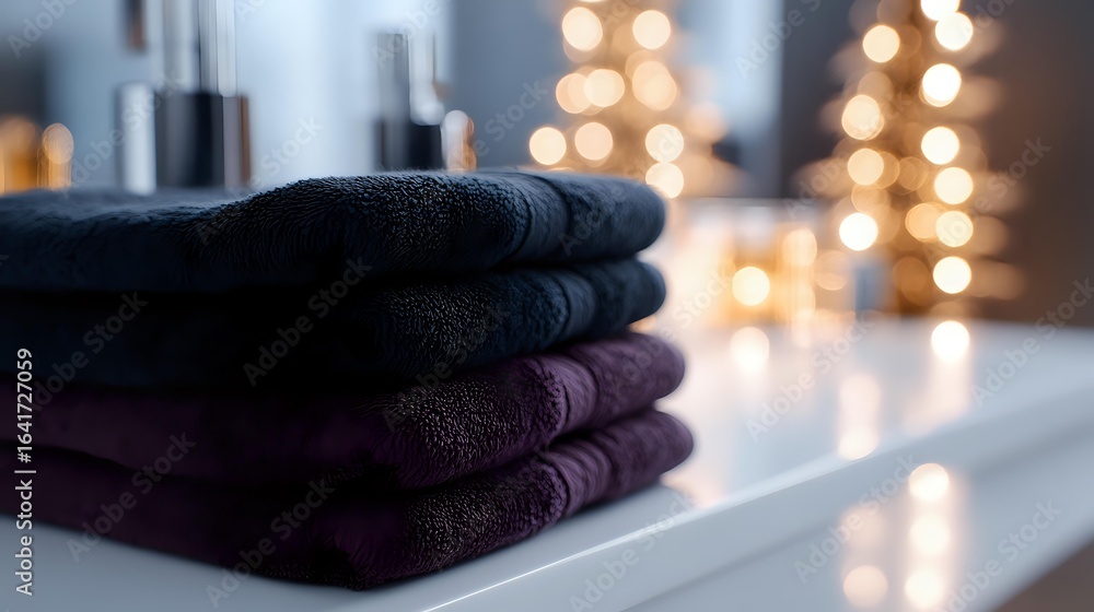 Poster neatly folded soft towels in black and burgundy colors on white surface with warm glowing bokeh ligh