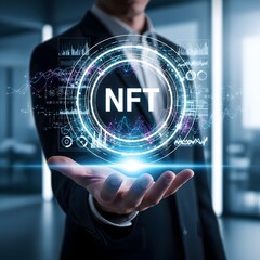 Businessman holding a glowing digital circle with the nft acronym and futuristic technology interface