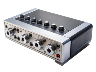Compact audio mixer or preamp device with multiple inputs and controls, isolated on transparent background