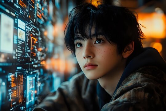 Young Asian male looking at futuristic digital interface with glowing blue data visualization elements against orange and teal cinematic lighting background.
