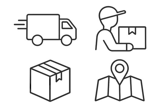 Fast delivery truck, courier holding package, parcel box, and location map icon set in simple line style for logistics and shipping service concepts