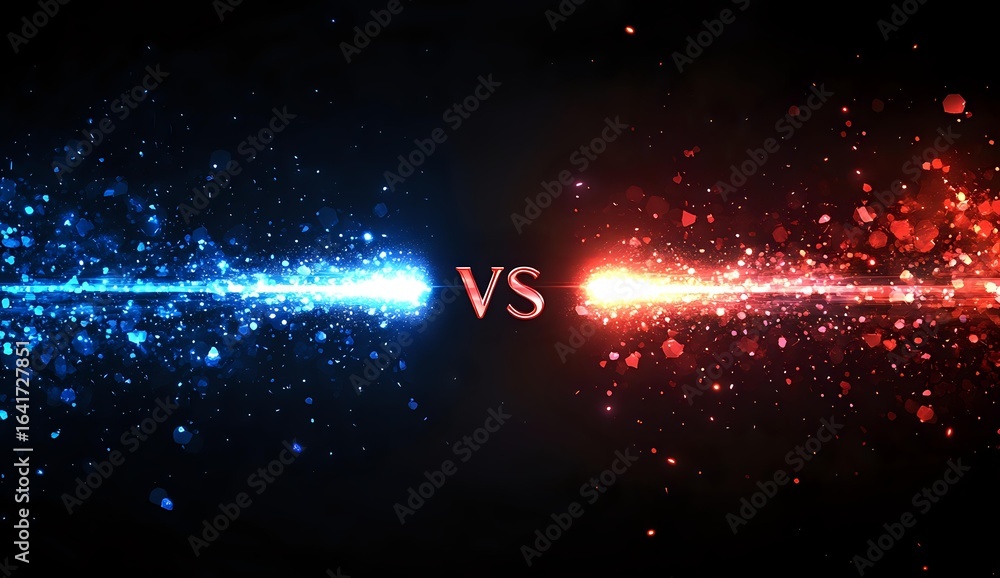 Poster glowing red and blue energy beams collide with versus text in center, creating dynamic light particl