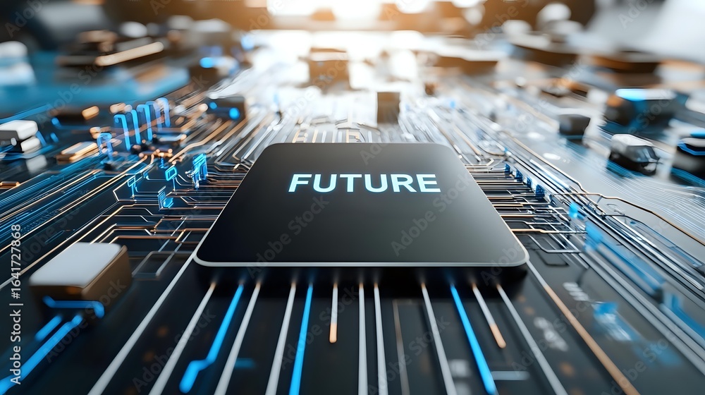 Aufkleber microchip with glowing word future on circuit board background with blue light trails and electronic