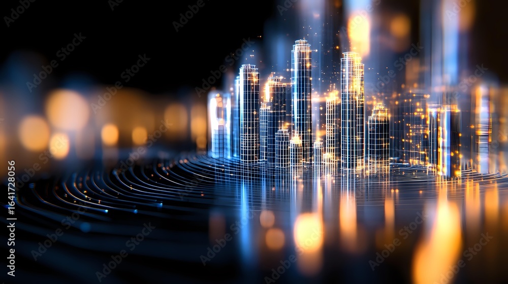 Poster glowing futuristic cityscape with illuminated skyscrapers and digital wave patterns creating modern 
