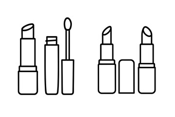 Lip care icons set. Outline vector illustration of lipstick and lip gloss. Makeup and beauty products. Cosmetic symbols for web and print. Minimalist line art collection.