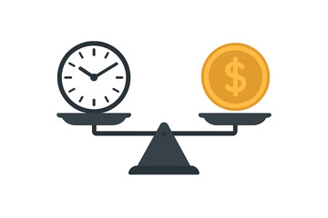 Time is Money Concept Illustration, Balance Scale with Clock and Dollar Coin, Financial Metaphor, Business and Productivity Symbol, Transparent Background Vector
