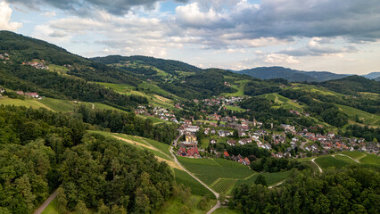 Areal view of a German village in the Black Forest