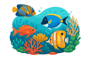 Naklejka premium Colorful tropical fish swimming on vibrant living coral reef with underwater seascape, marine life scene, Red Sea ocean ecosystem, vector illustration