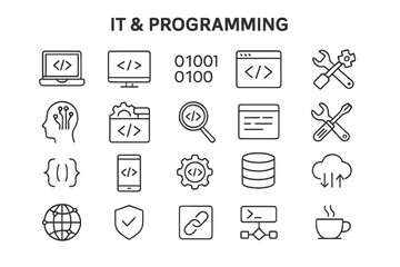 Software development thin line icon collection, vector illustration on transparent background, coding symbols, programming tools, IT technology icons set