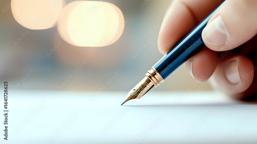 Poster close-up view of fountain pen nib touching white paper with soft bokeh background, capturing moment 