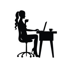 Woman silhouette drinking coffee at laptop desk female