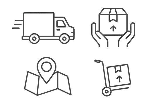 Success set of 4 web icons in modern line style, delivery truck, package care hands, location map marker, and package cart illustrations, transparent background vector