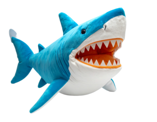 A blue shark plush toy, isolated on a white background, perfect for use in children's themes, sea life content, or playful designs.