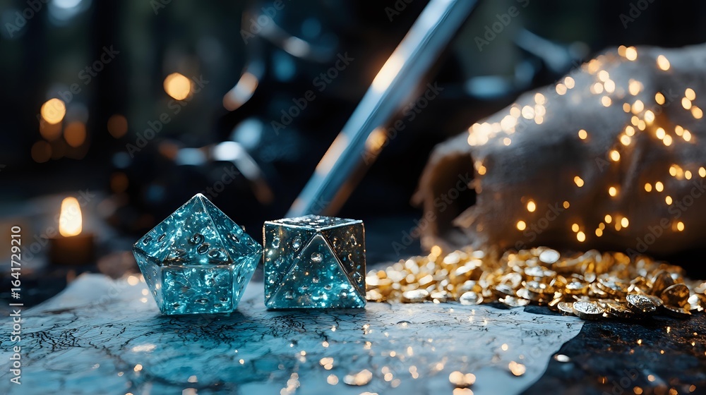 Poster glowing blue polyhedral dice with golden lights and bokeh effects on dark textured surface, creating
