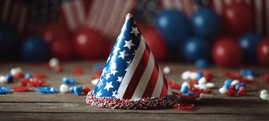 The festive party hat adorned with stars and stripes for celebrations.