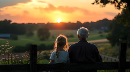 Senior Caucasian man and young girl sitting on wooden bench watching golden sunset over rural landscape with rolling hills and trees in peaceful countryside setting.