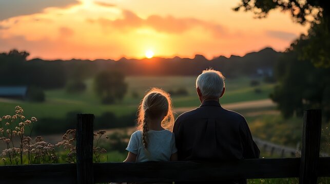Senior Caucasian man and young girl sitting on wooden bench watching golden sunset over rural landscape with rolling hills and trees in peaceful countryside setting.