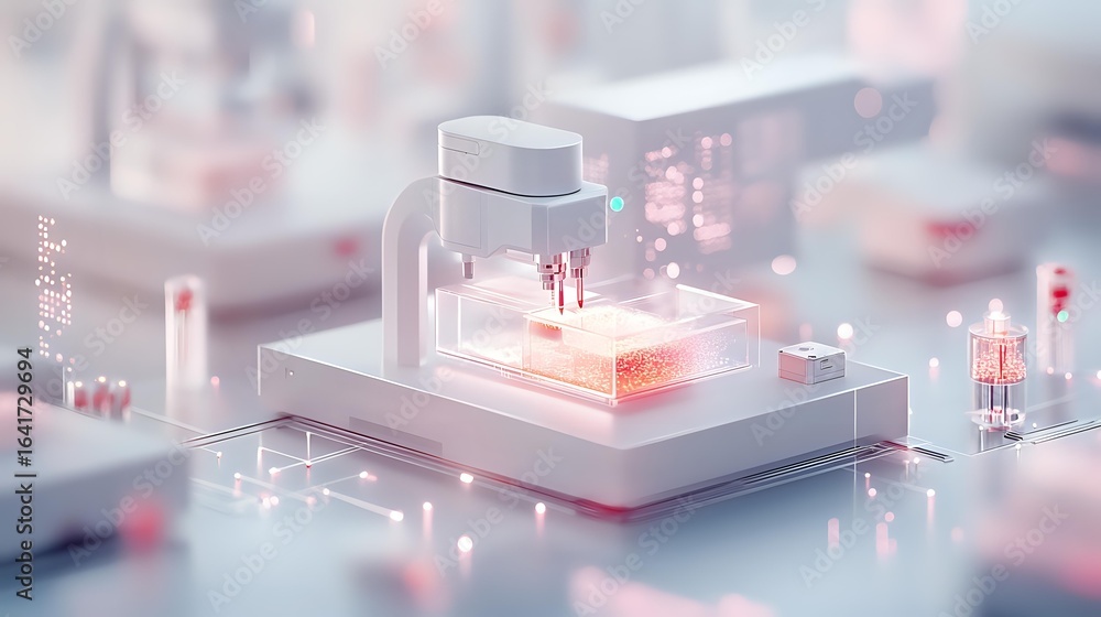 Poster modern laboratory equipment with glowing red microplate and automated testing system on white surfac