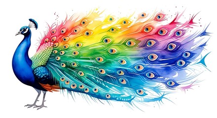 Watercolor painting of a peacock displaying its vibrant rainbow plumage