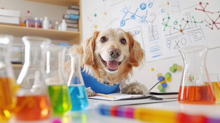 Cheerful dog wearing lab apron takes notes on touchscreen tablet amidst colorful flasks and abstract physics formulas
