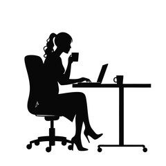 Woman silhouette drinking coffee at desk with laptop 2