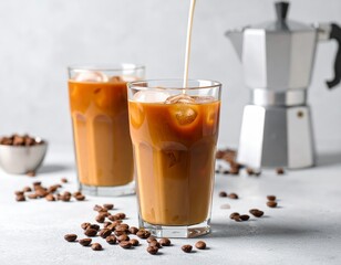 Milk pouring into iced coffee with coffee beans and moka pot