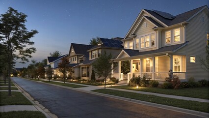 Residential street at dusk with illuminated houses and streetlights