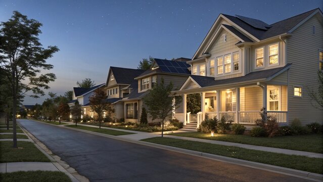 Residential street at dusk with illuminated houses and streetlights - Powered by Adobe