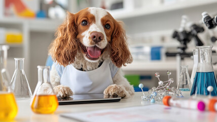 A cheerful dog in a lab apron taking notes on a tablet surrounded by colorful solutions, with abstract physics formulas in the background