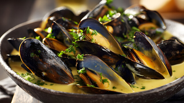 Fresh Mouclade with Charentaise Sauce and Mussels in Creamy Garlic Sauce
