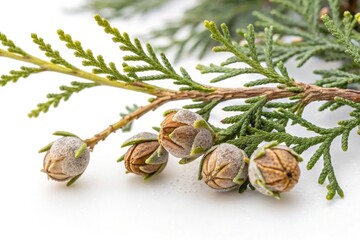 Fototapeta premium Close-up View of Cedar Tree Branch With Seed Cones on White Background