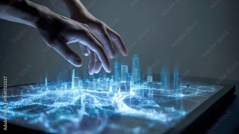 Poster interactive 3d cityscape projection: hands engaging with futuristic urban planning and technological