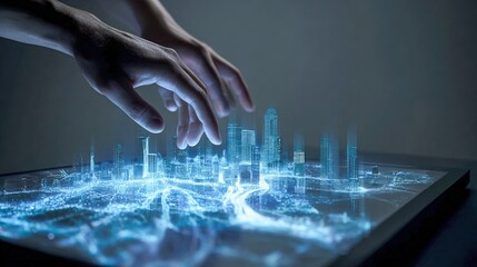 Interactive 3D Cityscape Projection: Hands Engaging with Futuristic Urban Planning and Technological Interface, Displaying Holographic Architecture