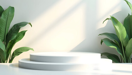 Minimalist White 3D Podium with Tropical Plants – Elegant Product Stage