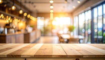 Focus on an empty wood plank table with a defocused view of a cafe or restaurant interior, ideal for montage or presentation